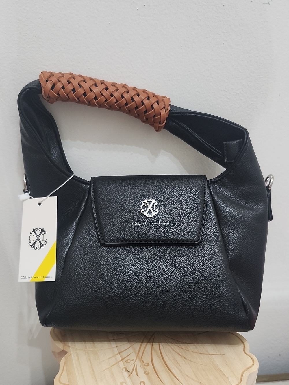 Christian Lacroix Black Shoulder Bag with Woven Brown Handle Hobo Crossbody.